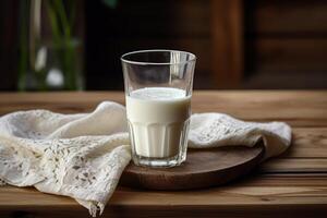 AI generated Milk and napkin on old table photo