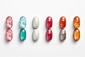 AI generated Set of different pills in row isolated on white photo