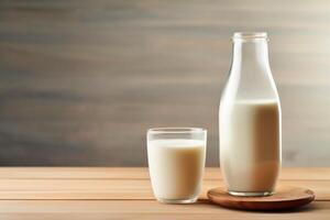 AI generated Healthy eating concept with milk bottle and glass. photo