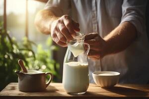 AI generated Fresh milk poured into glass jar on sunny day. photo