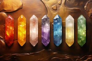 AI generated Rainbow quartz crystal banner with healing stones on grunge background. photo