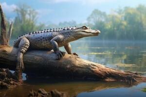 AI generated Young crocodile on stick in Sri Lanka river. photo