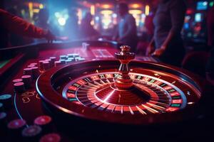 ai generado contento jugadores a un casino jugando ruleta y póker. foto