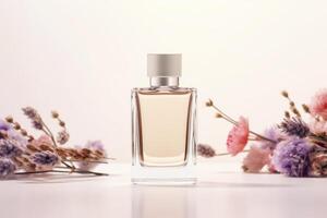 Perfume bottle with flowers on white background. photo