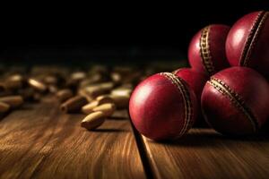 AI generated Closeup of cricket ball and wickets on wooden surface. photo