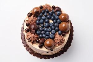 Blueberry, cookie, and chocolate decorated cake on white background. photo