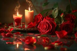 AI generated Valentine's Day Romantic Red Roses, Candle, Hearts photo