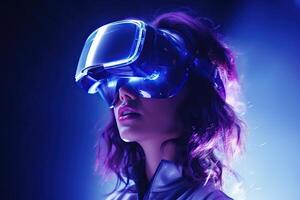 Futuristic woman in VR glasses with purple hair photo