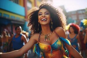 brasileño mujer celebra carnaval con la risa y danza foto