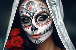 Beautiful young woman in sugar skull makeup for Halloween party photo