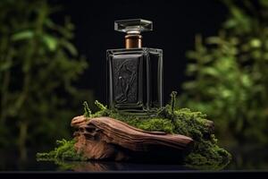 AI generated Natural, woody scents in men's perfume with black bottle. photo
