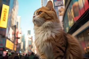 AI generated Giant 3D cat watches people in Shinjuku Tokyo. photo