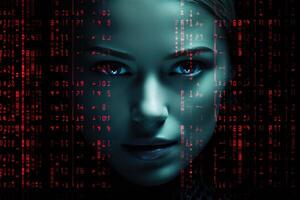 AI generated Female face with matrix digital numbers AI theme photo