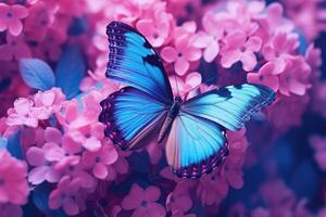 AI generated Macro photo of Morpho butterfly on flowers