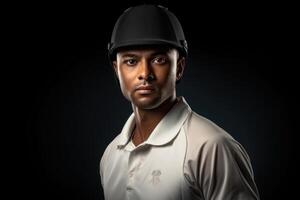 AI generated Confident ethnic young man in cricket attire. photo