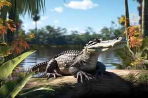 AI generated Freshwater crocodile basking near lily pads in Australian lake. photo