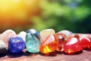 AI generated Chakra Crystals Banner  Colorful healing stones for energy balance. photo