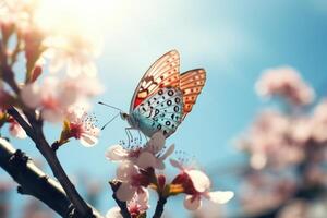 AI generated Spring vintage butterfly and cherry tree flower photo