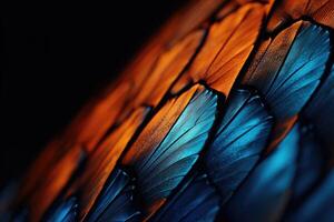 ai generado de cerca mariposa ala con azul y naranja colores en negro antecedentes foto
