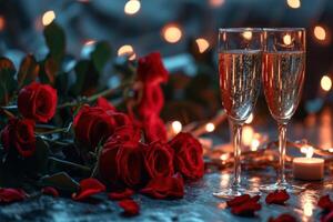 AI generated Valentine's Day with champagne and roses photo