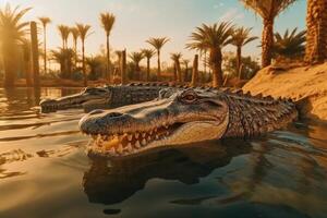 AI generated Crocodile Park Resting Crocodiles in Dubais Sunset Light photo