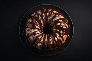 AI generated Chocolate marble bundt cake with chocolate glaze. photo