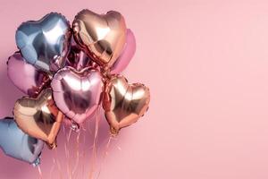 AI generated Heartshaped foil balloons on pink background for lovethemed celebrations. photo