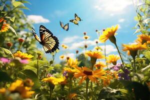 ai generado mariposa jardín lleno con varios vistoso especies foto