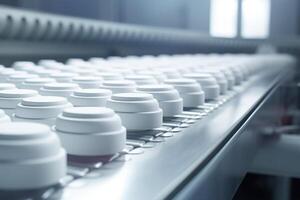 AI generated Manufacturing process of tablets and capsules at pharmaceutical factory. photo