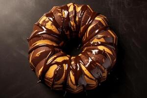 AI generated Chocolate marble bundt cake with chocolate glaze. photo