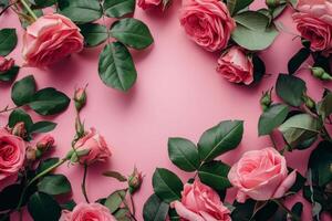 ai generado Rosa flor marco en rosado antecedentes. foto