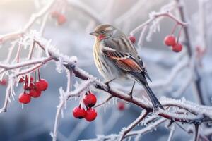 AI generated Frozen sparrow perched on snowy rosehip branch photo