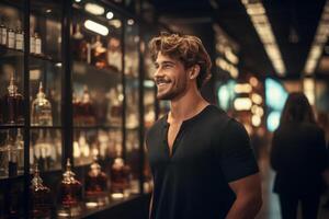 AI generated Guy happily shops for perfumes in the mall. photo