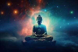 ai generado meditando Buda con chakras en profundo espacio foto