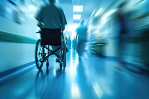 AI generated Blurry background with patient on wheelchair  nurse  and World Disability Day. photo