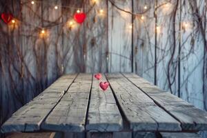 AI generated Valentines Day Wooden deck table with heartshaped garland. photo