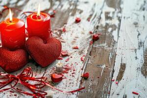 AI generated Valentines Day Wooden background with hearts gifts and candles. photo