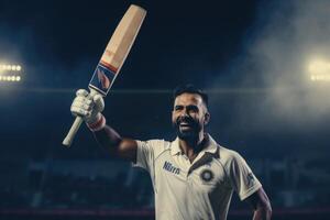 ai generado indio jugador de cricket celebrando siglo con murciélago foto