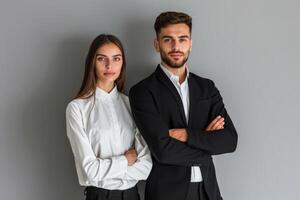 AI generated Business partners posing in front of gray background  looking at camera and smiling. photo