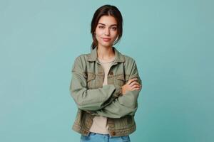 AI generated Satisfied lady in khaki clothes stands confidently photo