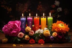 ai generado temática de chakras vela adornado con Fresco flores foto