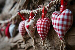 AI generated Valentine's hearts hanging on rustic driftwood background photo