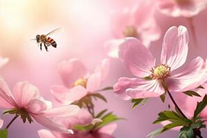 AI generated Pink flower anemones and butterfly in spring nature photo