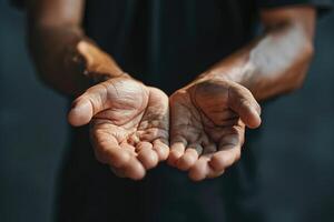 AI generated close up man hands reaching together for helping and support and human rights of equality concept. photo