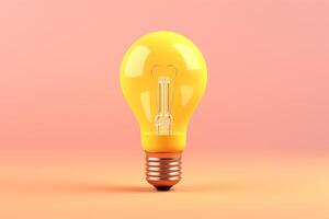 AI generated Pastel 3D rendering of lightbulb idea on yellow background. photo