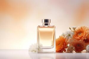 Perfume bottle with flowers on white background. photo