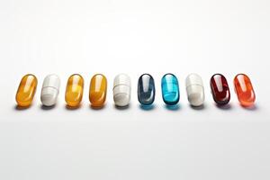 AI generated Different pills in a row on white background. photo