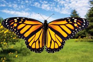 AI generated Monarch butterfly in flight on white background photo