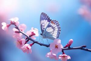 AI generated Blue butterfly in flight over flowering apricot tree at sunrise photo