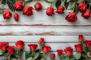 ai generado San Valentín día rojo rosas en de madera antecedentes foto